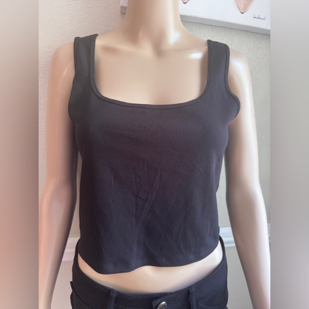 Athleta Black Ribbed Square Neck Tank Top